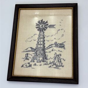 Vintage Framed Windmill Needlepoint Art